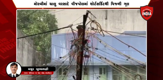 મોરબીમાં રવાપર રોડ પર ચાલુ વરસાદે વીજ પોલમાં શૉર્ટસર્કિટથી વીજળી ગૂલ : જુઓ VIDEO